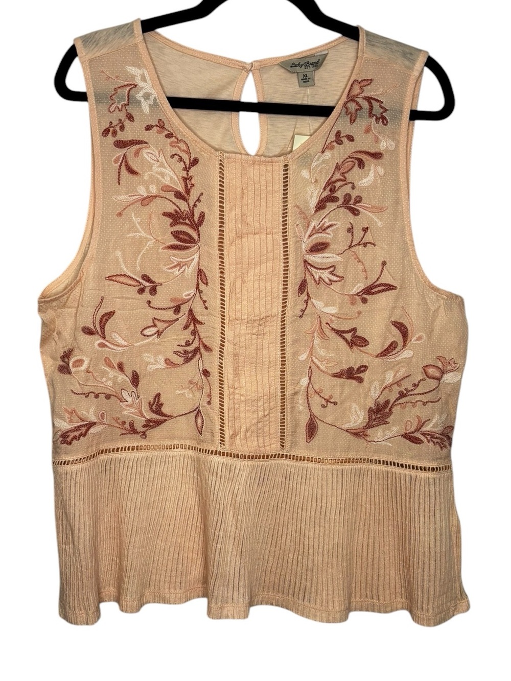 New Lucky Brand Women’s Peach Embroidered Pintucked Sleeveless Blouse Top XL